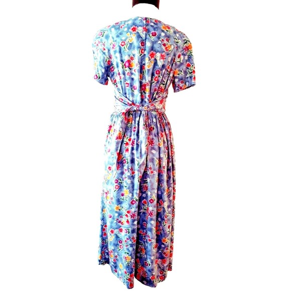 Vintage 90s Dress Midi 10 Blue White Floral Modest Tie Cottage Prairie Peasant - Picture 2 of 6